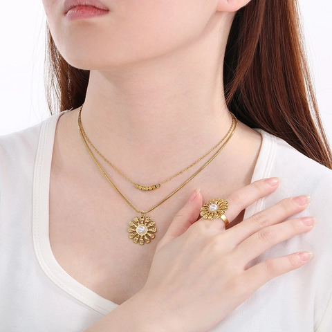 Stainless Steel Gold Plated Double Layer Daisy Flower Necklace Earrings Ring Elegant Vintage Women Accessories