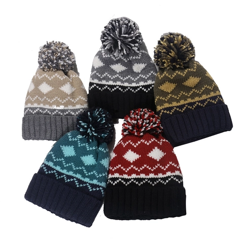 Berretto Invernale Beanie Con Pompon Acrilico Foderato In Pile Termico Jacquard Geometrico A Maglia Per Uomo Donna