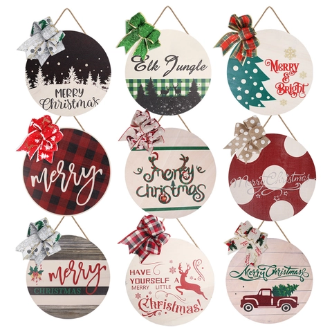 Christmas Wood Hanging Sign Round Wooden Door Plaque Merry Christmas Printed Jute Rope Bowknot Wall Porch Decor Farmhouse
