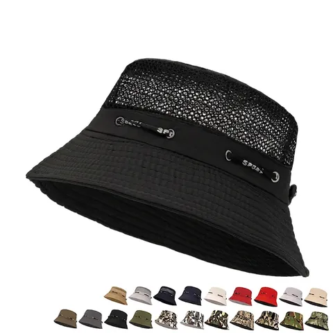 Bucket Hat Mesh Breathable Wide Brim Sun Protection Adjustable Drawstring Outdoor Hiking Fishing Casual For Men Women