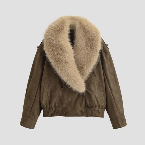 Giacca Biker Donna In Pelle Scamosciata Sintetica Con Collo In Pelliccia Sintetica Aviator Vintage Marrone