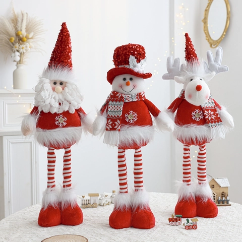 Christmas Telescopic Plush Dolls Standing Figure Snowman Reindeer Sequin Fabric Knitted Holiday Home Decor Ornament