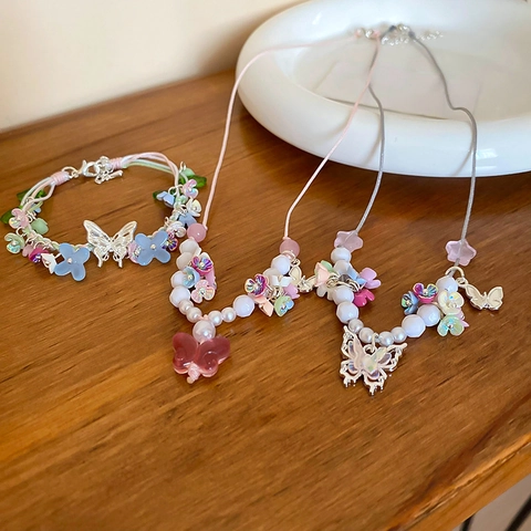 Süße Schmetterling Blumen Imitation Künstliche Perle Halskette Handgefertigte Harz Künstliche Perlen Schlüsselbein Kette Für Frauen Mädchen