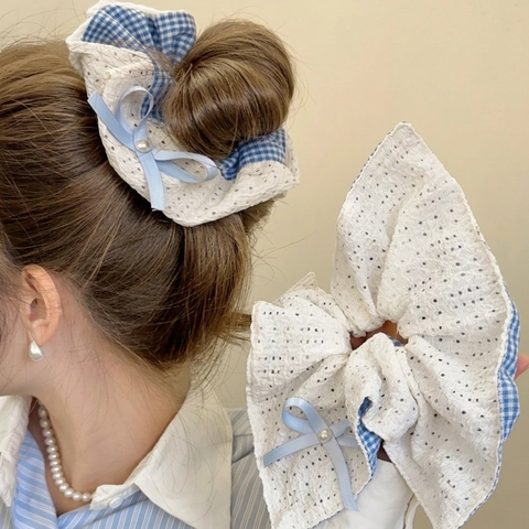 Coletero De Encaje De Cuadros Azules Con Lazo De Cinta Y Perla Artificial De Imitación Lazo Para El Cabello Coreano Dulce