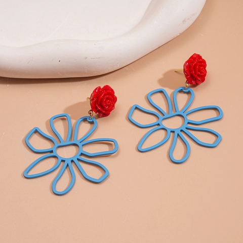 Oversized Hollow Flower Drop Earrings For Women Resin Rose Contrast Color Statement Jewelry With Silver Earring Post