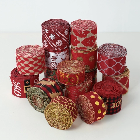 Ruban Noël Tissu Lin Carreaux Buffalo Cerf Doré Flocon Neige Père Noël Emballage Cadeau Décoration