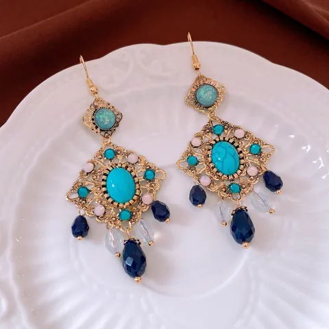 Vintage Boheemse Hangende Oorbellen Goud Legering Hol Met Turquoise Hars En Donkerblauwe Glazen Kralen Voor Dames