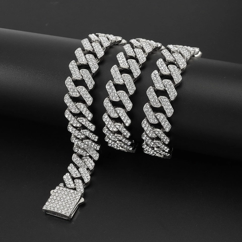 Iced Out Cuban Link Chain Necklace Alloy Rhinestone Hip Hop Bling Jewelry For Men Women