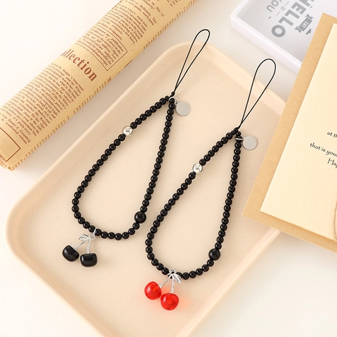 Handmade Beaded Phone Chain With Cherry Pendant Black Beads Phone Strap For Women Keys Bag CCD Camera Hanging Charm