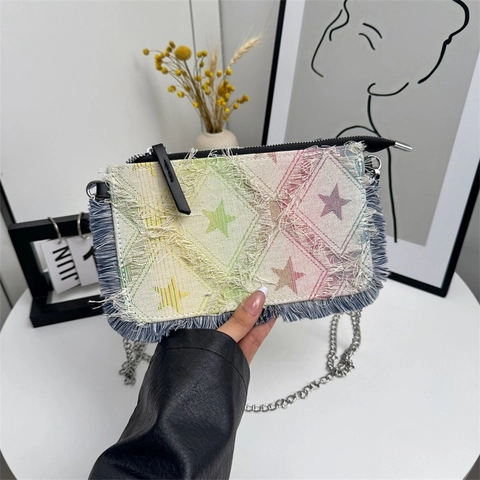 Denim Shoulder Crossbody Chain Bag For Women Frayed Fringe Star Pattern Striped Checkered Fashion Casual Square Handbag