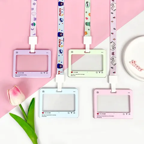Transparent PS Card Holder Sliding Cover Social Media UI Style Lanyard Spring Rope Heart Pendant ID Badge Protector