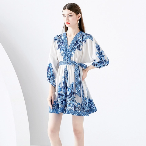 V Neck Lantern Sleeve Mini Dress Paisley Print Chiffon Bohemian Retro Tie Waist Elegant Vacation Style For Women