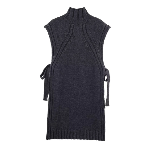 Dames Gebreide Sweater Vest Wolmix Mock Neck Mouwloos Zijsplit Strik Chique Casual Pullover Top