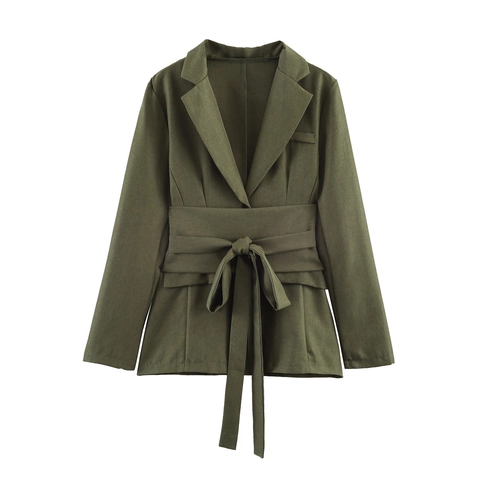 British Style Elegant Women Office Blazer And Pleated Maxi Skirt Army Green Belted Waist Polyester Solid Color