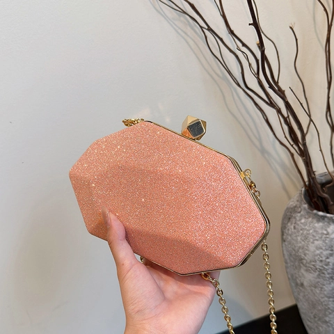 Women Evening Clutch Bag Geometric Gemstone Design Glitter Sequin Shoulder Bag With Metal Chain Strap For Party Wedding