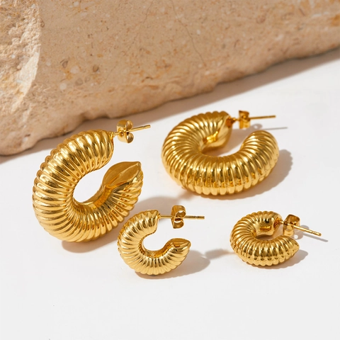 Boucles d'Oreilles Créoles Torsadées Minimalistes en Acier Inoxydable Femme Plaqué Sous Vide Géométrique Fileté Forme C