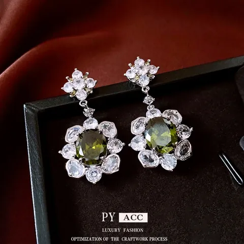 Vintage Palace Style Green Gemstone Flower Drop Earrings Copper Zircon With 925 Sterling Silver Earring Post For Women