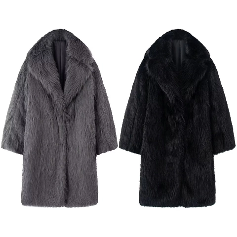 Faux Fur Coat Women Mid-length Plush Jacket Lapel Long Sleeve Solid Color Warm Winter Outerwear Elegant Fashion