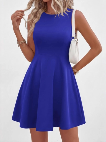 Women Sleeveless Mini Dress Solid Color Round Neck Slim Fit A-Line Flare Hem Polyester Spandex Casual Chic Summer