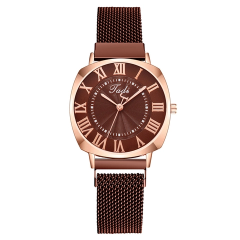 Orologio Al Quarzo Da Donna Di Moda Con Numeri Romani Quadrante Sunburst Cassa In Oro Rosa E Cinturino In Metallo A Maglia Milanese Magnetica
