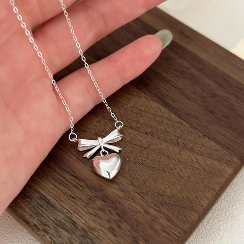 Collana Con Pendente A Cuore Con Fiocco In Argento Sterling 925 Stile Coreano Minimalista Gioielli Per Donne