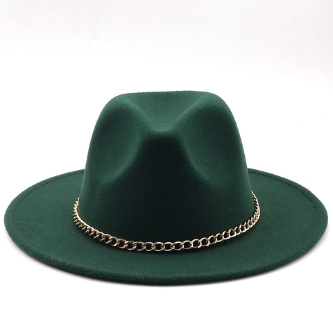 Elegant Solid Color Wool Felt Fedora Hat With Gold Metal Chain Wide Brim Vintage Jazz Cap For Women Men
