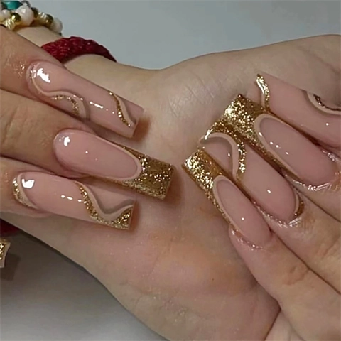 Unghie Finte Coffin Press On Rosa Nude Stile Francese Glitter Dorati Motivo Spirale Ondulata Per Donne