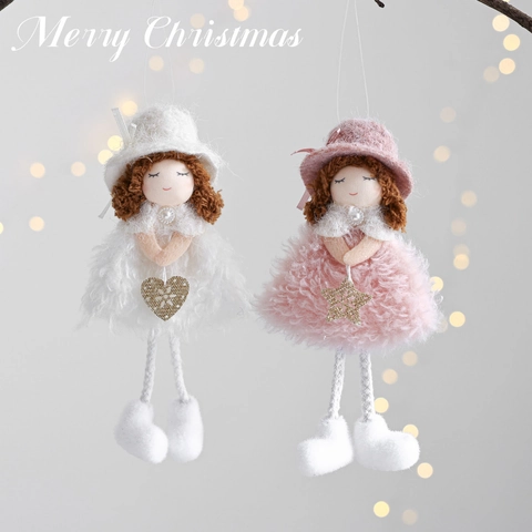 Cute Christmas Angel Girl Plush Hanging Ornaments Soft Fabric Doll With Wings Star Heart Decorations For Xmas Tree