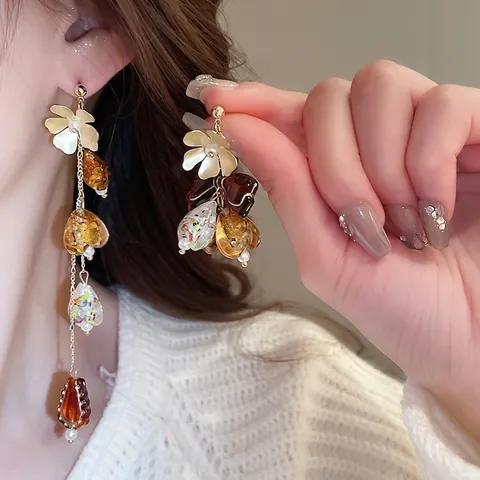 Asymmetric Flower Bow Tassel Earrings Alloy Resin With 925 Sterling Silver Earring Post Amber Brown Retro For Women