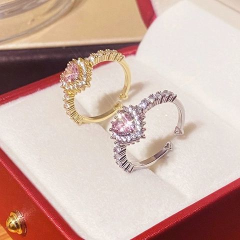 Bague Coeur Zircon Rose Cuivre Ajustable Bague Ouverte Bijoux Mode Pour Femmes