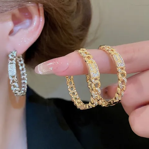 Cuban Link Creolen Mit 925 Sterling Silber Ohrstecker 18K Vergoldetes Kupfer Geometrisch Runde Pavé Zirkon Damen