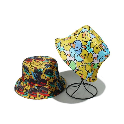 Cute Cartoon Duck Print Bucket Hat Polyester Sun Protection Summer Outdoor Fisherman Cap For Women Students