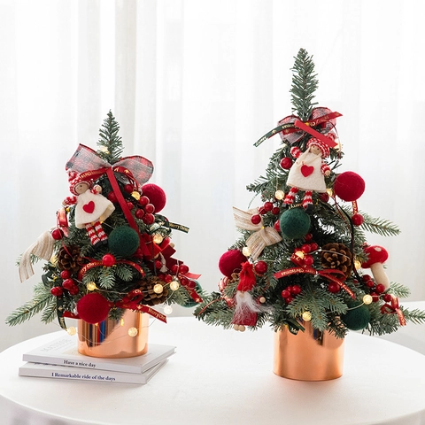 Künstlicher Mini Weihnachtsbaum Mit LED Lichtern PE Nadeln Holzsockel Kranz Girlande Schreibtisch Dekoration Feiertags Ornament