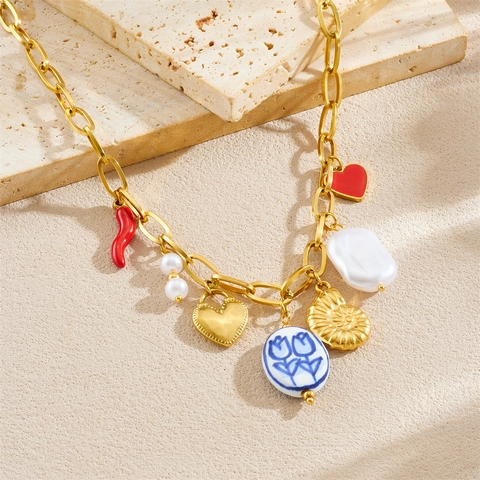 Collana Con Ciondoli In Acciaio Inossidabile Placcato Oro Da Donna Con Perla Artificial Peperoncino Cuore Conchiglia Ceramica Floreale Stile Boho