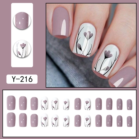 Press On Nails Morandi Purple White Floral Pattern High Gloss Square Shape Detachable Elegant For Women