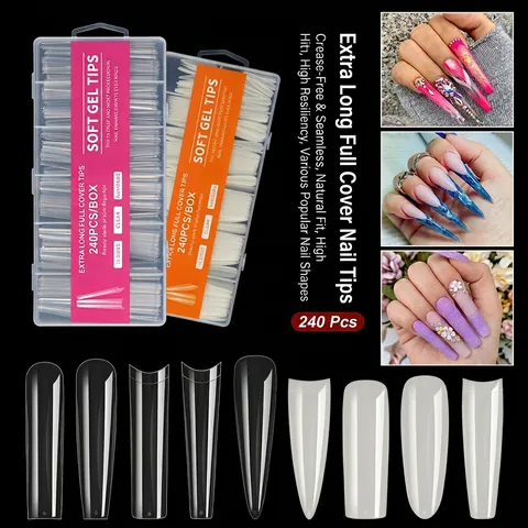 Extra Long Full Cover Nail Tips Soft Gel Flexible No Crease Coffin Stiletto Square Transparent Manicure Tools For Women