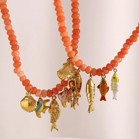 Collar De Cuentas De Ágata Roja Con Colgantes De Criaturas Marinas De Acero Inoxidable Chapados En Oro 18K Para Mujer