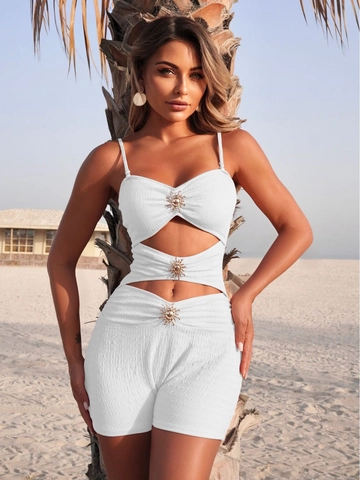 Costume Da Bagno Intero Da Donna Arricciato Texturizzato Cut Out Fibbie A Sole In Metallo Tinta Unita Beachwear Sexy