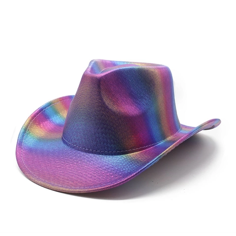 Chapeau De Cow-Boy Arc-En-Ciel Métallique Western Holographique Large Bord Accessoire De Costume Pour Carnaval Fête