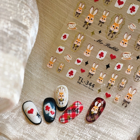Autocollants Ongles Relief 3D Vintage Rétro Monsieur Lapin Poker Cœurs Tasse Thé Design Auto Adhésif Manucure Décoration Femmes