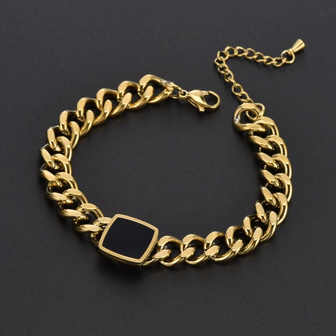 Stainless Steel Cuban Link Chain Necklace And Bracelet With Square Black Enamel Hip Hop Chunky Fashion Jewelry For Women