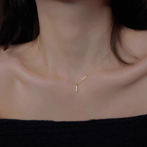 Collana Con Ciondolo A Barra Minimalista Argento Sterling 925 Con Zircone AAA Elegante Placcato Oro 14K Gioielli Con Bastone Verticale Per Donne