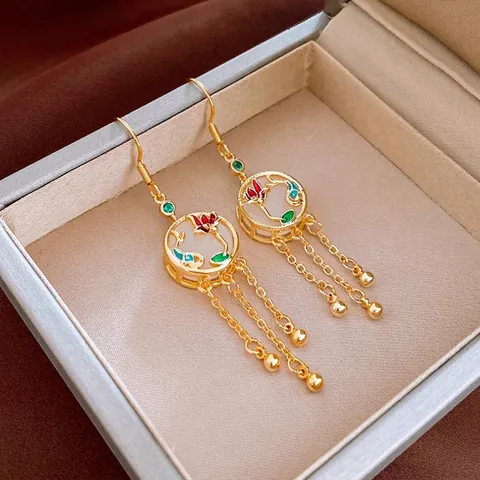 Orecchini Stile Cinese Fiore Smalto Nappa Rame Zircone Con Perno In Acciaio Retro Palazzo Eleganti Donna