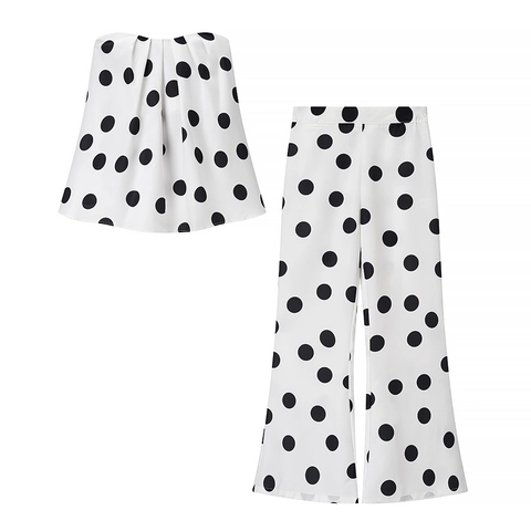 Women Retro Polka Dot Bandeau Ruffle Top And Straight Leg Pants Vacation Style Polyester