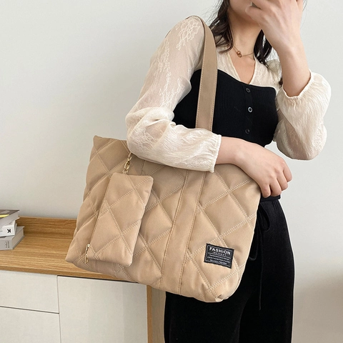 Women Quilted Rhombus Puffer Tote Bag Nylon Large Capacity Shoulder Handbag With Small Coin Purse Pouch