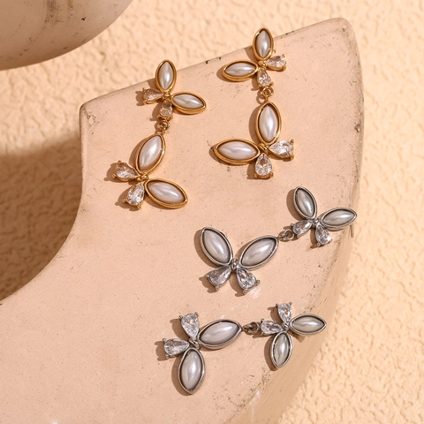 Vlinder Hangende Oorbellen Roestvrij Staal 18K Verguld Zirkoon Kunstparel Vintage Ins Stijl Mode Sieraden Voor Dames