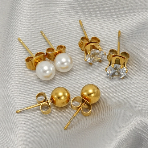 18K Gold Plated Stainless Steel Stud Earrings With Zircon And Faux Artificial Pearl Chic Minimalist Jewelry For Women