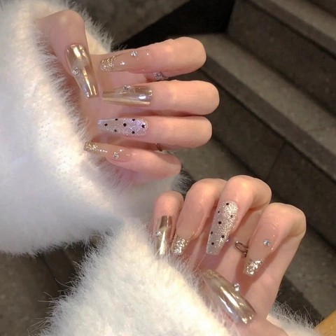 Unghie Finte A Pois Polvere Specchio Francese Lusso Forma Bara Con Strass Fiocchi 3D Manicure Elegante Per Donna