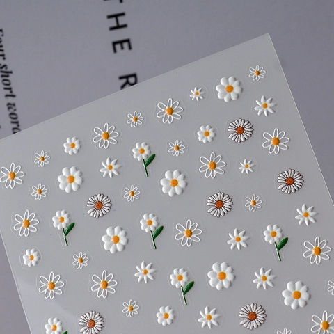 Autocollants Ongles 5D Relief Marguerite Blanche Abeille Printemps Floral Style Japonais Auto-Adhésif Stéréoscopique Femmes