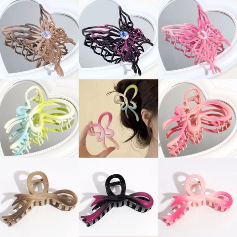 Butterfly Bow Hair Claw Clip Gradient Color Zinc Alloy Resin Rhinestone Shark Hairclip Fashion Styling For Women Girls